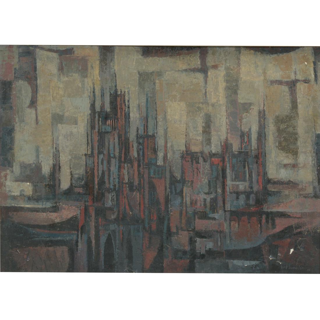Fred Samuelson "Modernist Cityscape" oil on masonite (1 of 5)
