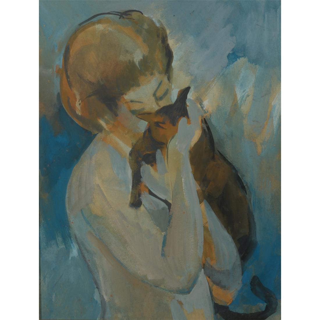 Gaylord Flory "Female with Cat" acrylic on paper (1 of 4)
