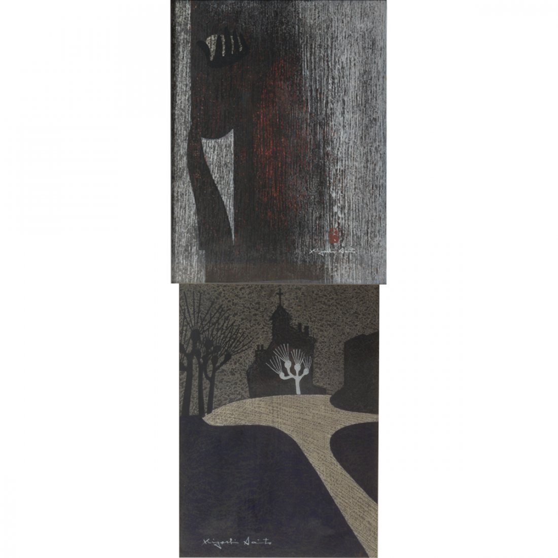 Kiyoshi Saito "Tenderness" and "Chapel, France" woodcut (1 of 5)