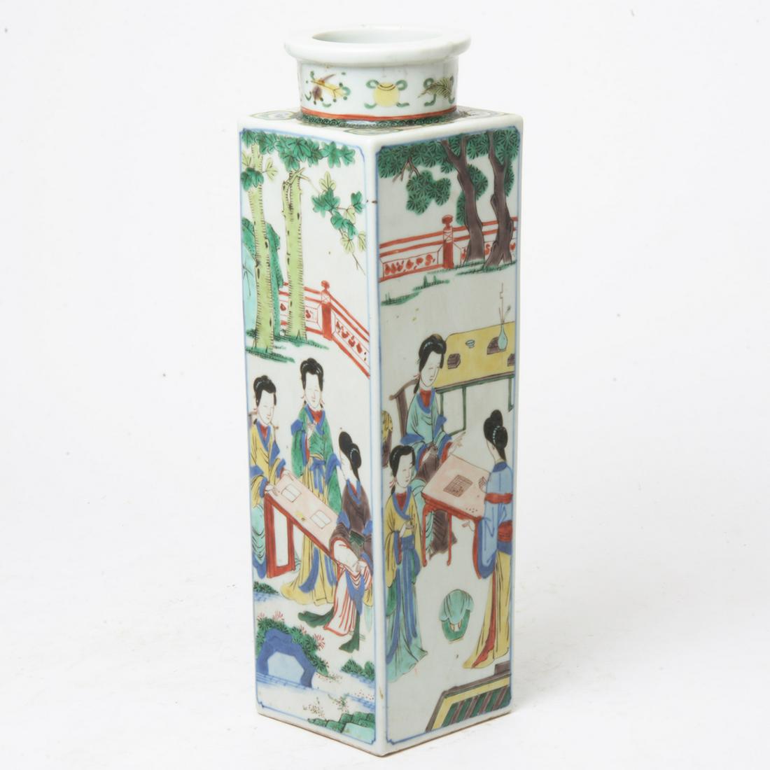 Chinese Famille Rose Wu Cai Porcelain Vase.: Chinese Famille Rose Wu Cai Porcelain Vase. Of square columnar form with a cylindrical neck and everted mouth, decorated to each main side with courtly female figures in garden setting, the shoulder w