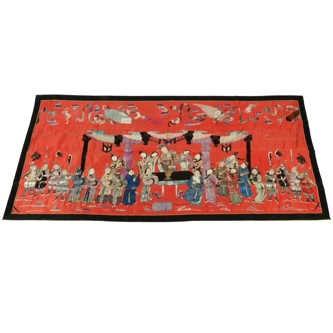 Large Chinese Embroidered Red-Ground Figural Panel. (1 of 4)