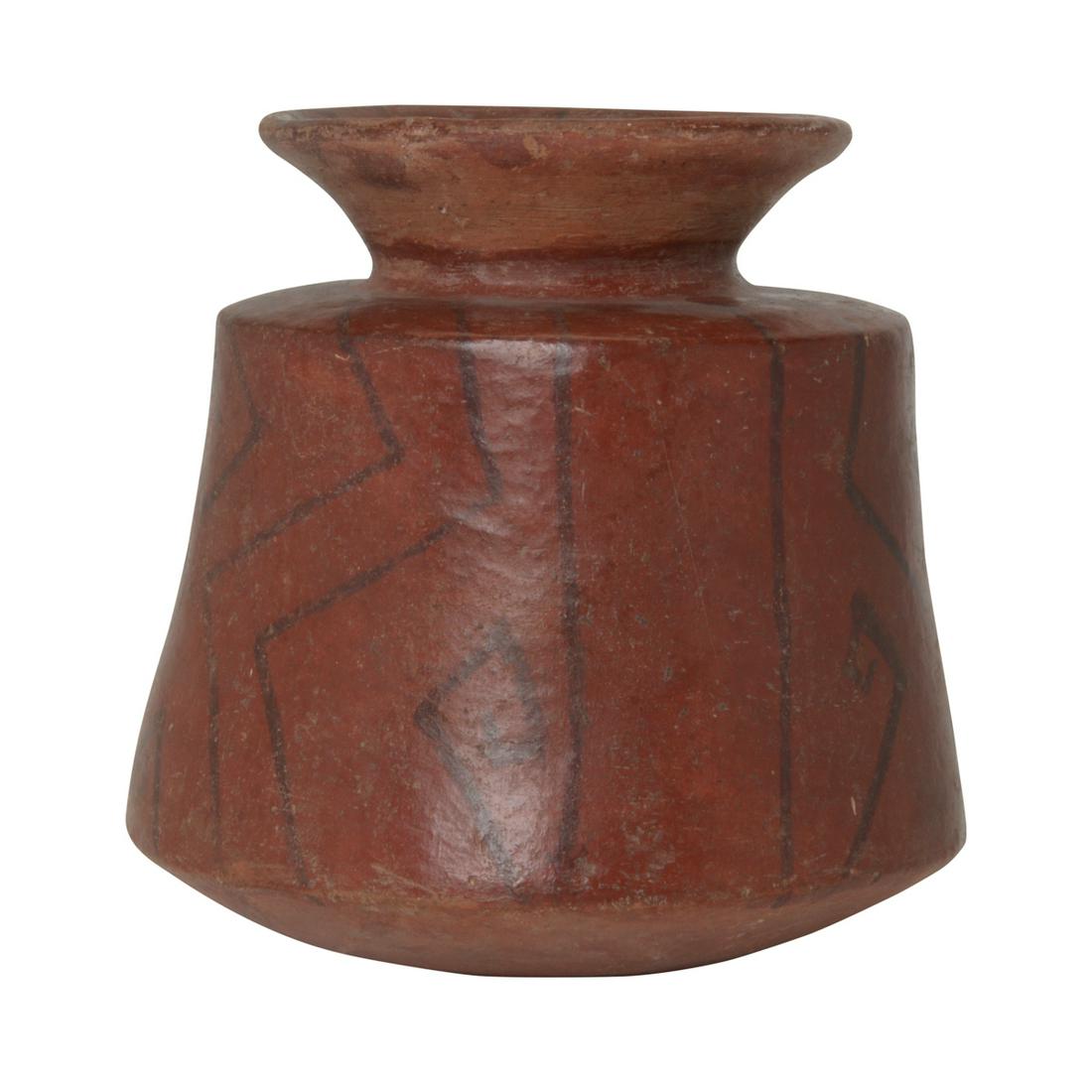 Pre-Columbian Aztec Pottery Painted Vessel.: Pre-Columbian Aztec Pottery Painted Vessel. Everted mouth; waisted neck on a tapered body over rounded base; decorated with a black geometric motif on a red ground; on a clear acrylic ring base. {Appr