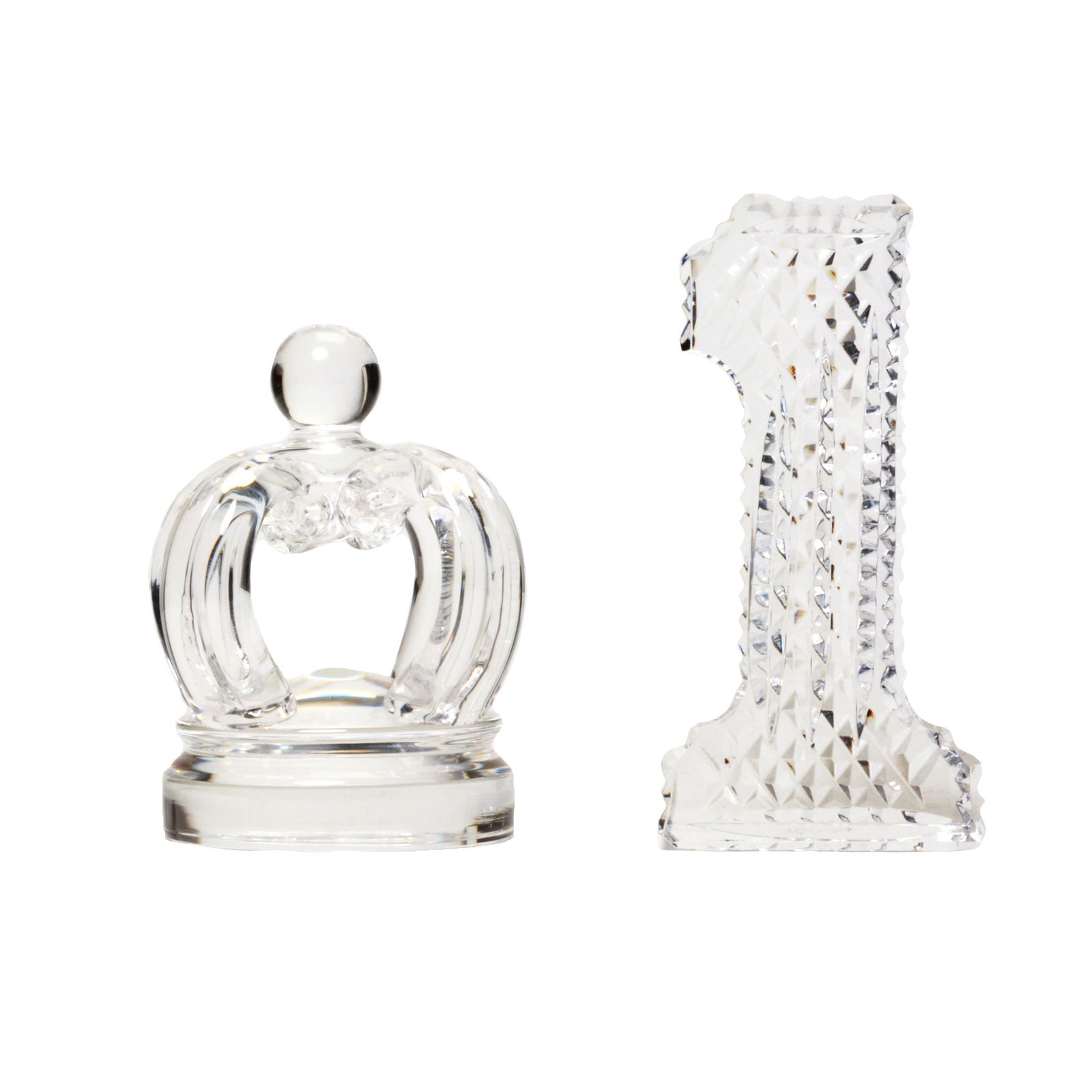 Steuben Glass Crown with Waterford Number One.: Steuben Glass Crown with Waterford Number One. Crown incised with 'Steuben' to the underside; one with acid etched 'Waterford' to the underside, and Waterford Crystal sticker. {Approximate dimensions: