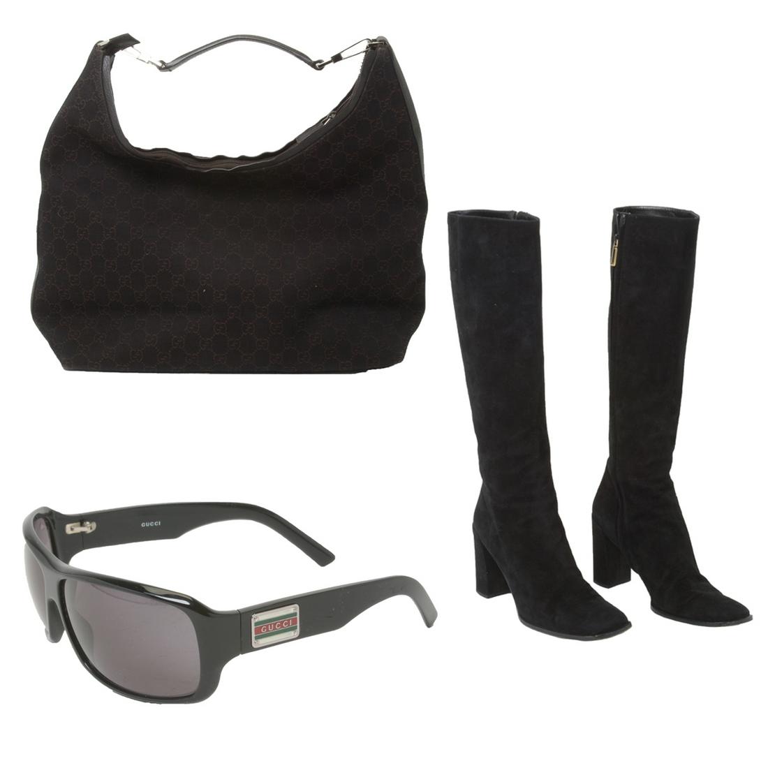 Three Gucci Articles: Black Suede Boots, Sunglasses, (1 of 8)