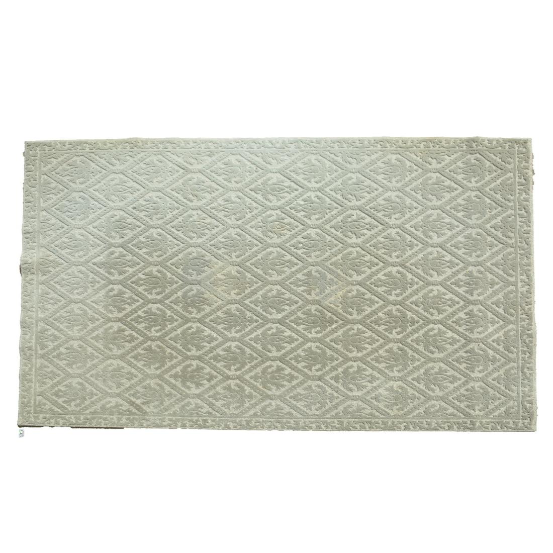 Edward Fields Green and Tan Carpet.: Edward Fields Green and Tan Carpet. Raised green foliate pattern on a green and tan hooked ground. 'Edward Fields' around the border. {Approximate dimensions: 13 feet 10 inches x 10 feet 5 inches.}. C