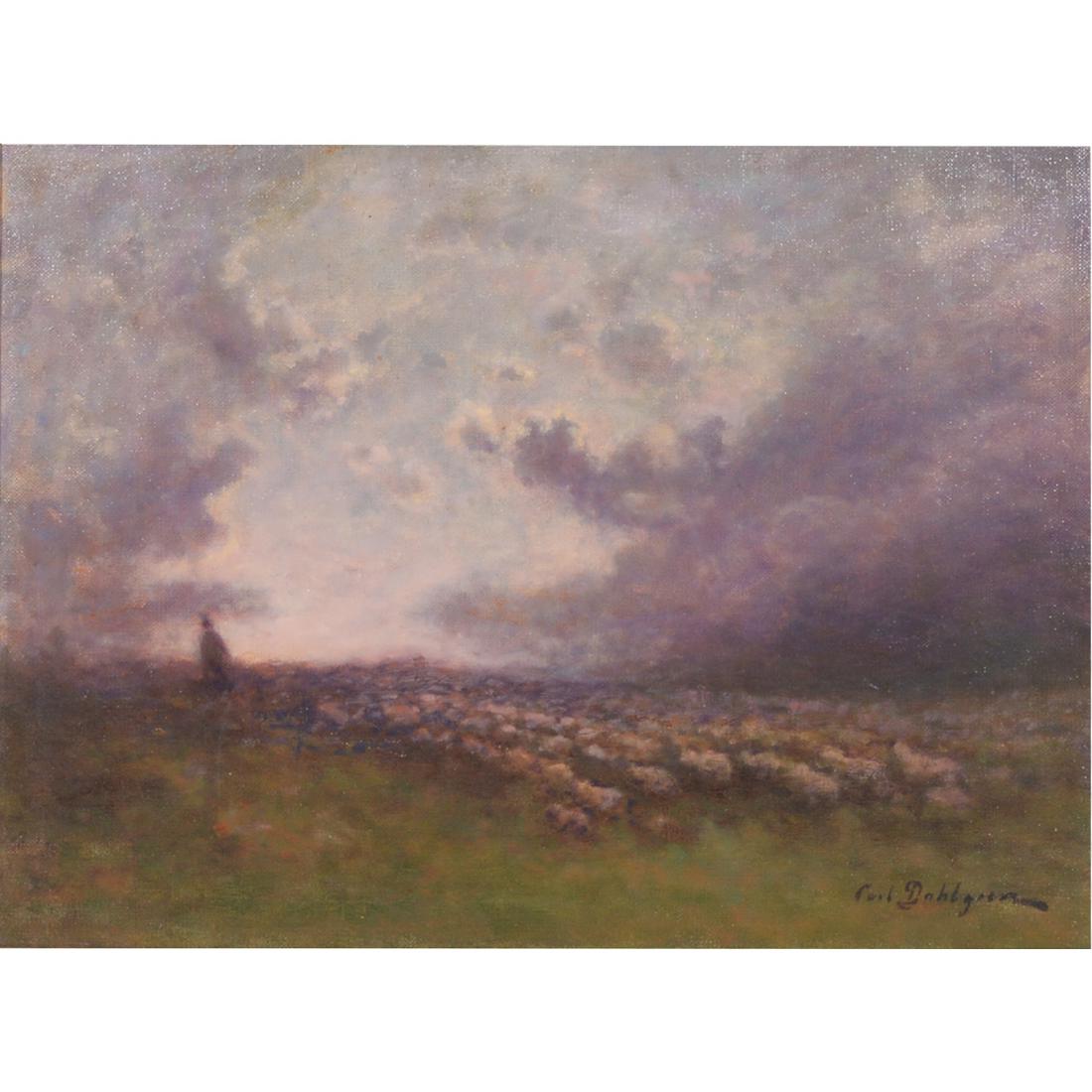 Carl Dahlgren "Shepherd herding Sheep" oil on canvas (1 of 5)