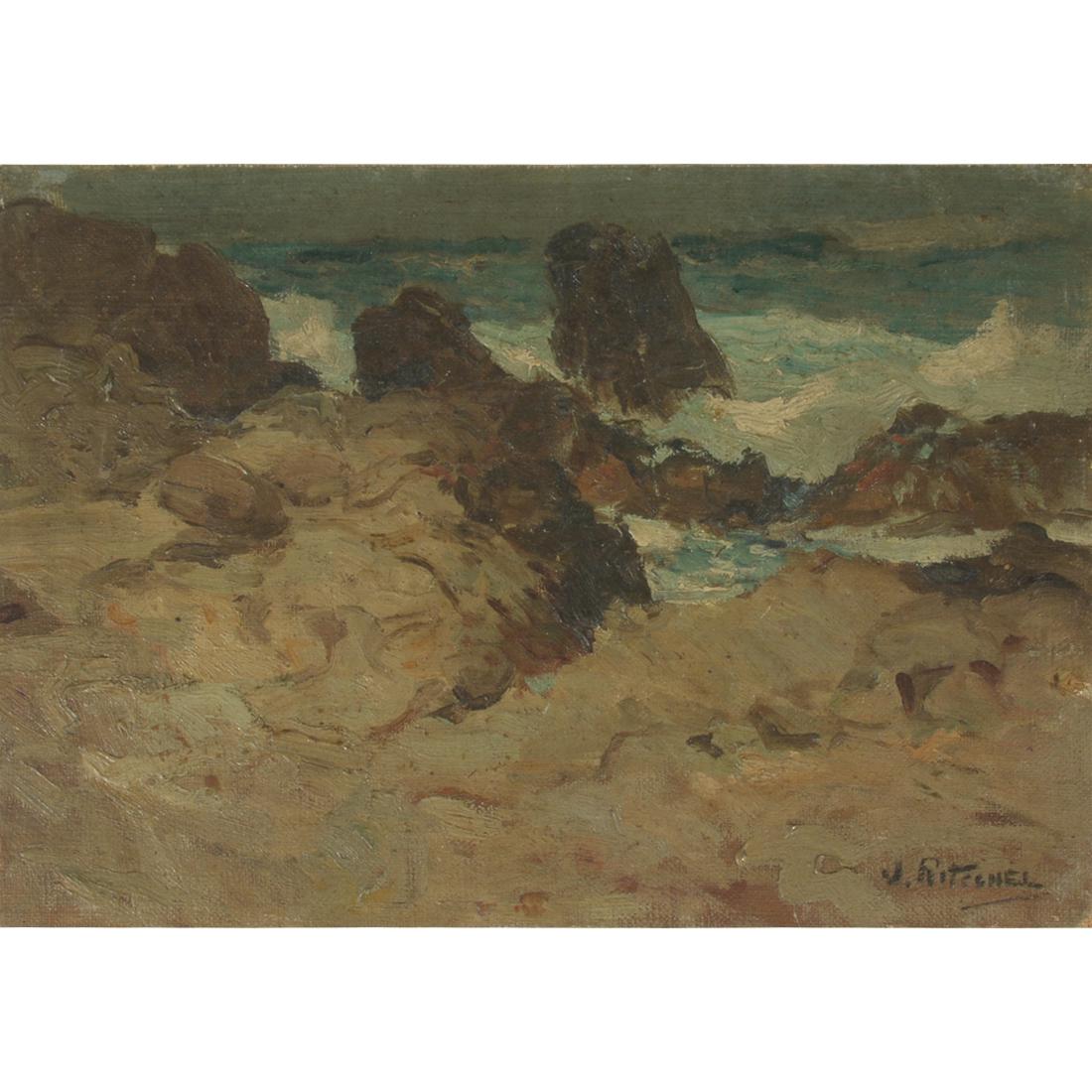 William Ritschel 'Seascape' oil on masonite: WILLIAM FREDERICK RITSCHEL (American 1864-1949) 'Seascape', oil on masonite, 9.25 x 13.5 inches (unframed), signed lower right: 'W. Ritschel'. condition: In overall good condition, there are no visibl