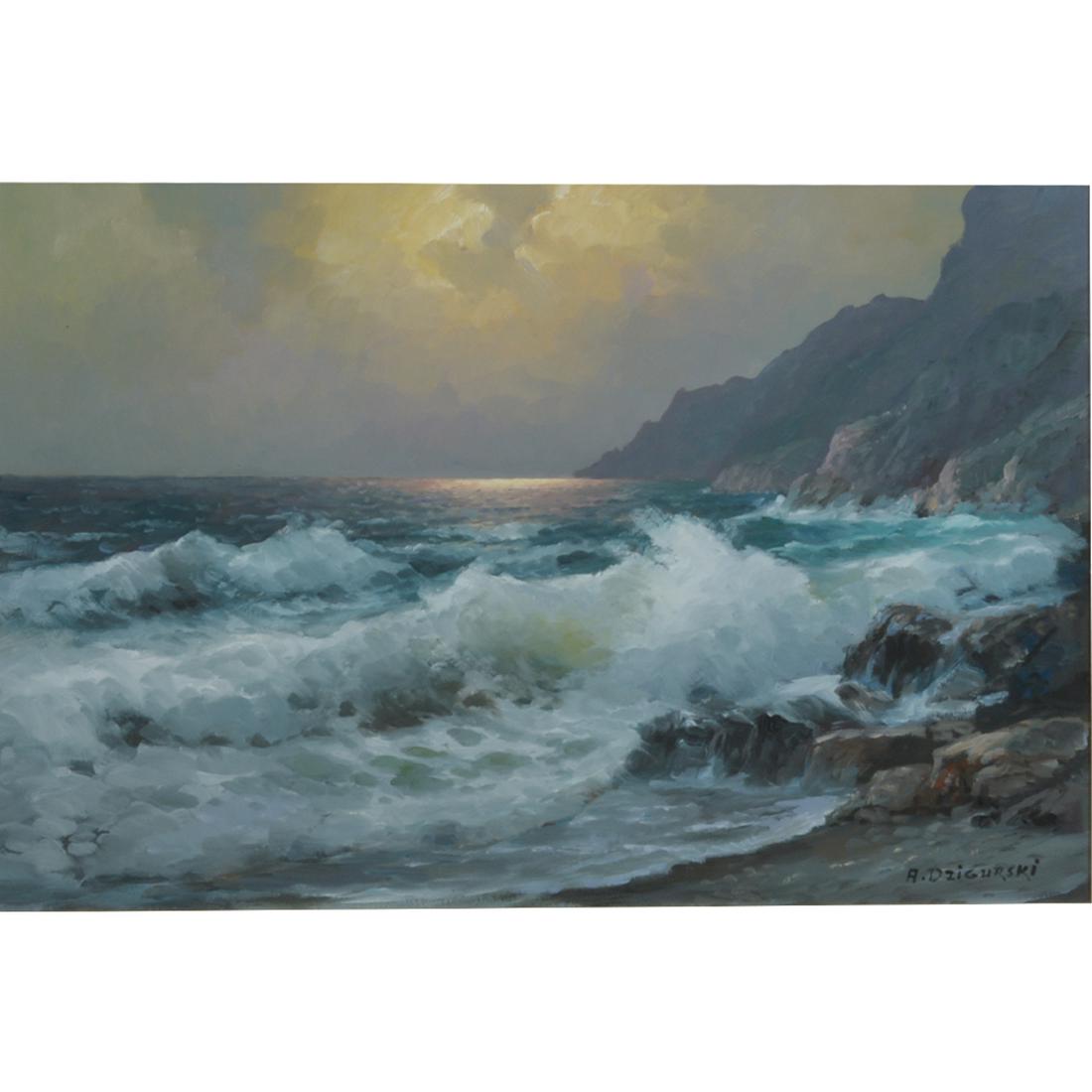 Alexander Dzigurski "Sunset" oil on canvas: ALEXANDER DZIGURSKI (American 1911-1995) "Sunset", oil on canvas, 20 x 30 inches; overall with frame: 27.5 x 37.5 inches; signed lower right: 'A. Dzigurski'; artist copyright stamp verso.