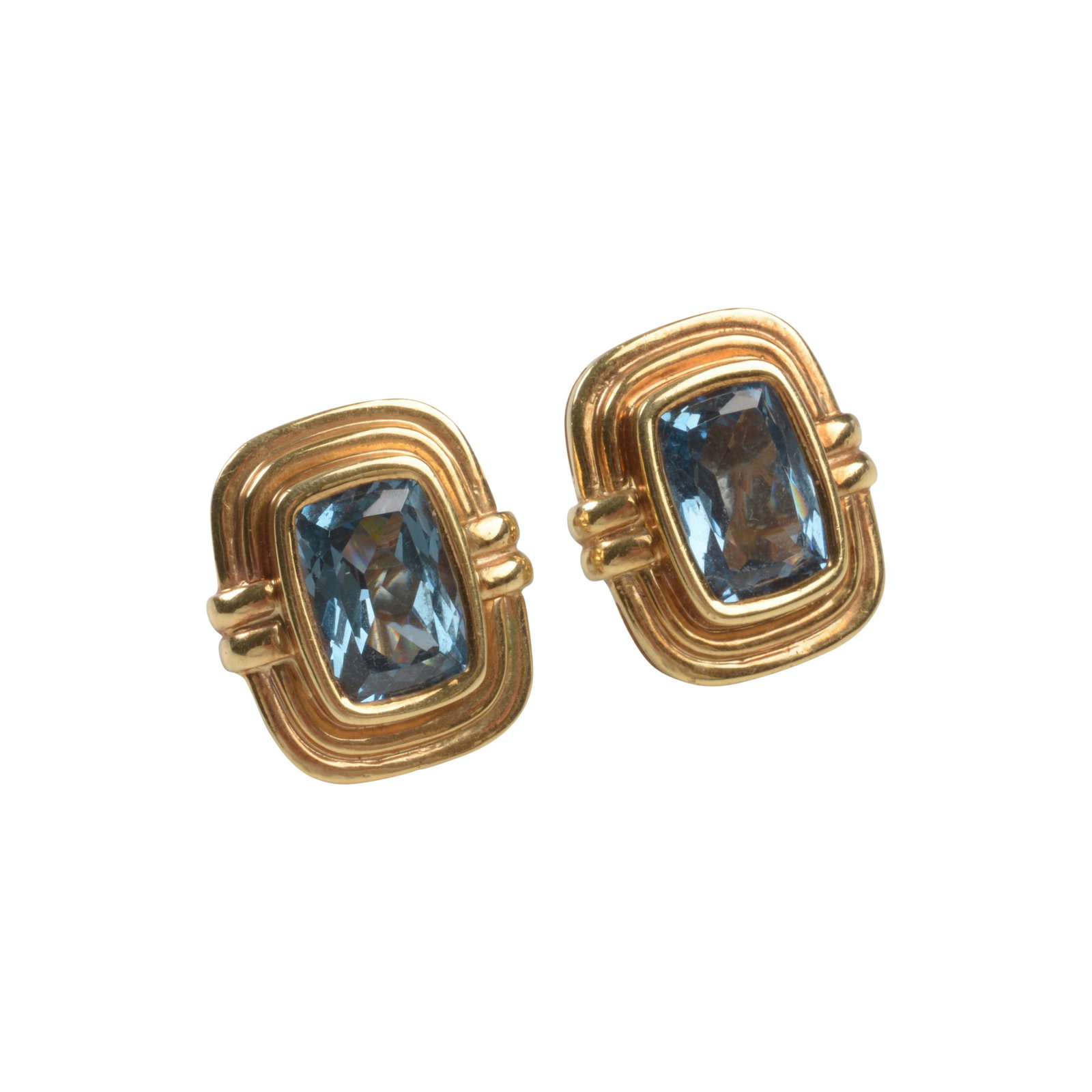 Pair of Synthetic Spinel, 14k Yellow Gold Earrings.: Pair of Synthetic Spinel, 14k Yellow Gold Earrings. Each featuring one rectangular cushion-cut synthetic blue spinel weighing approximately 6.05 cts., set in a 14k yellow gold mounting measuring appro
