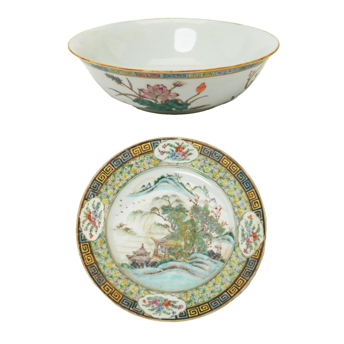 Chinese Famille Rose Bowl and Dish.: Chinese Famille Rose Bowl and Dish. The bowl painted to the exterior with lotus, chrysanthemum, peony, and prunus sprays, beneath a multicolored key-fret band around the mouth, the base with a six-cha
