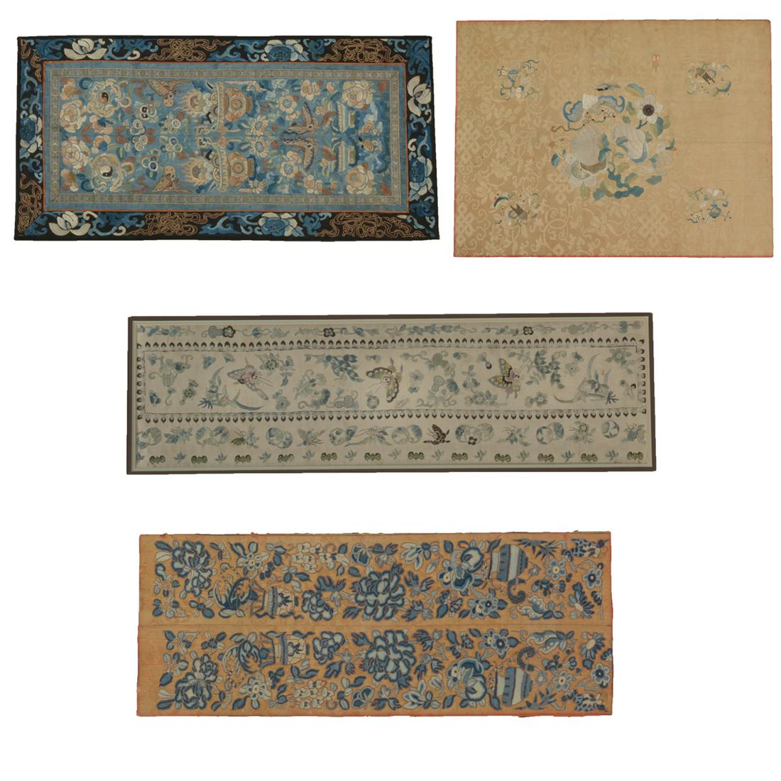 Group of Chinese Embroidered Sleeve Bands.: Group of Chinese Embroidered Sleeve Bands. The fist, worked silk and gilt threads in Peking knots and couching on a pale orange ground with peony blooms and flower vases; the second, with butterflies 