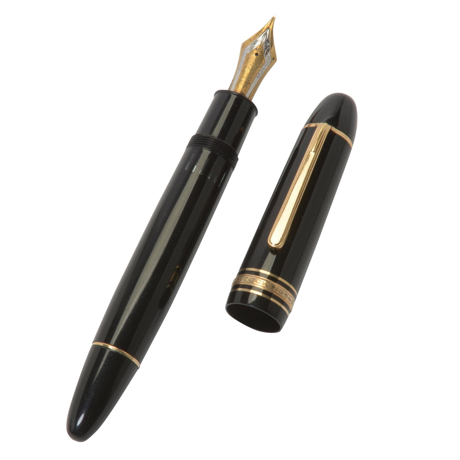 Montblanc MeisterstÂ¸ck 149 Fountain Pen.: Montblanc MeisterstÂ¸ck 149 Fountain Pen. Black plastic case with 18 carat gold trim and quill. 'MONTBLANC - MEISTERSTâ€¹CK NO 149' engraved to band around the cap; '4810 / Montblanc logo / 18c 