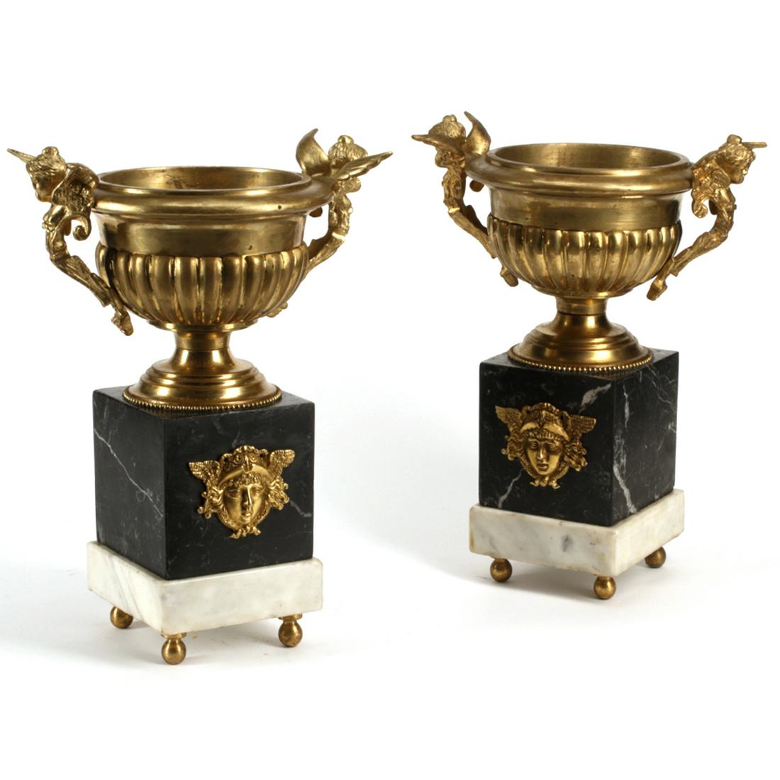 Pair of French Empire Style Dore Bronze Urns on Marble (1 of 1)