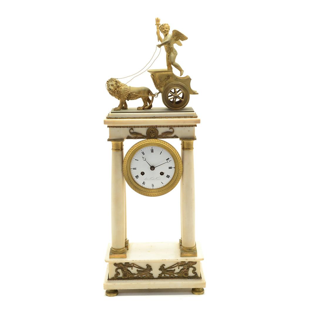 French Neoclassical Alabaster and Bronze Portico Clock. (1 of 7)