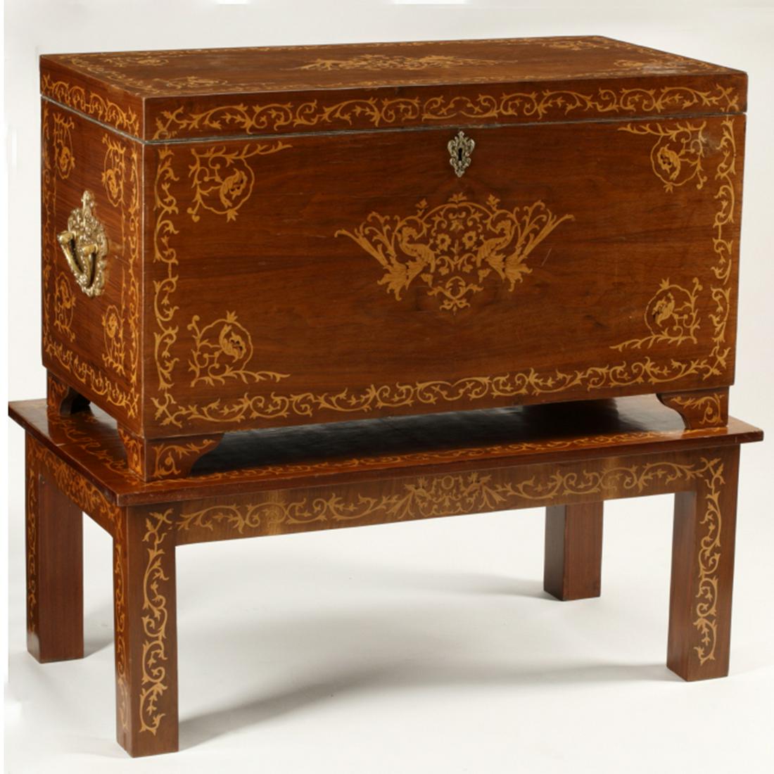 Large Dutch Style Marquetry Inlaid Trunk on Base. (1 of 2)