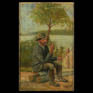 Emil Orlik "Man on Wall" oil on bord: EMIL ORLIK (Czech 1870-1932) 'Untitled Male Figure', oil on board, 12 x 7.75 inches; overall with frame: 16 x 11.5 inches, signed lower right: Orlik.