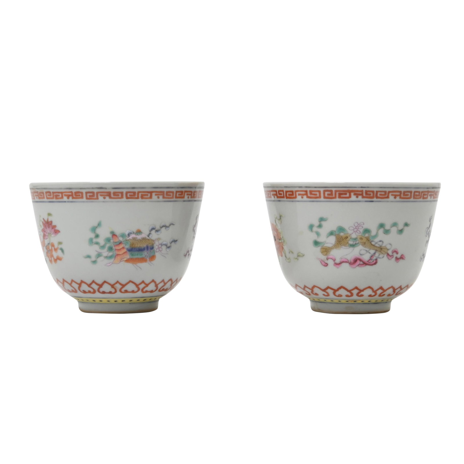 Pair of Chinese Famille Rose Bajixiang Bowls.: Pair of Chinese Famille Rose Bajixiang Bowls. Each delicately potted with deep curved sides, brightly enameled around the exterior with four Buddhist emblems between a key-fret band around the rim and