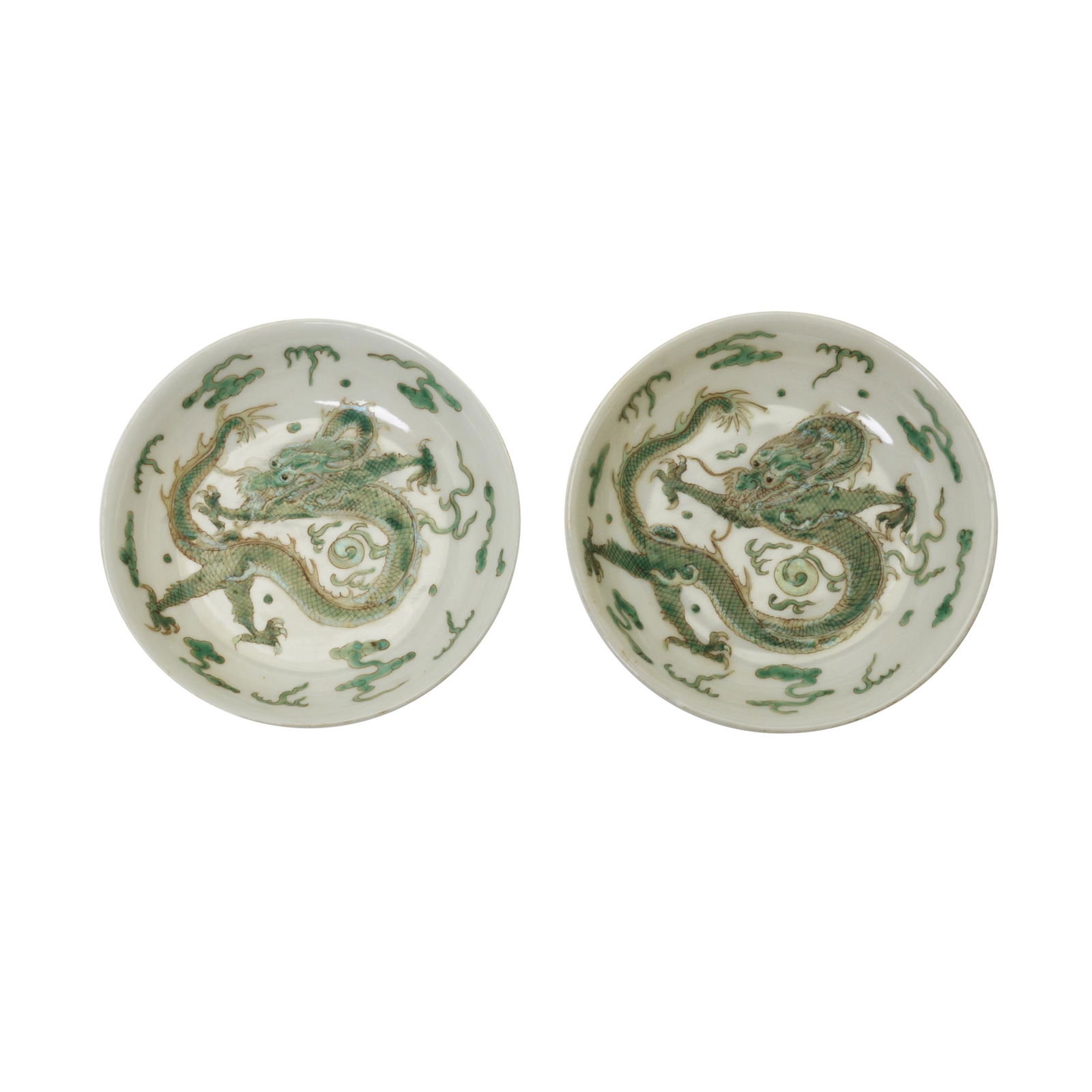 Pair of Chinese Green Enameled Dragon Dishes. (1 of 3)