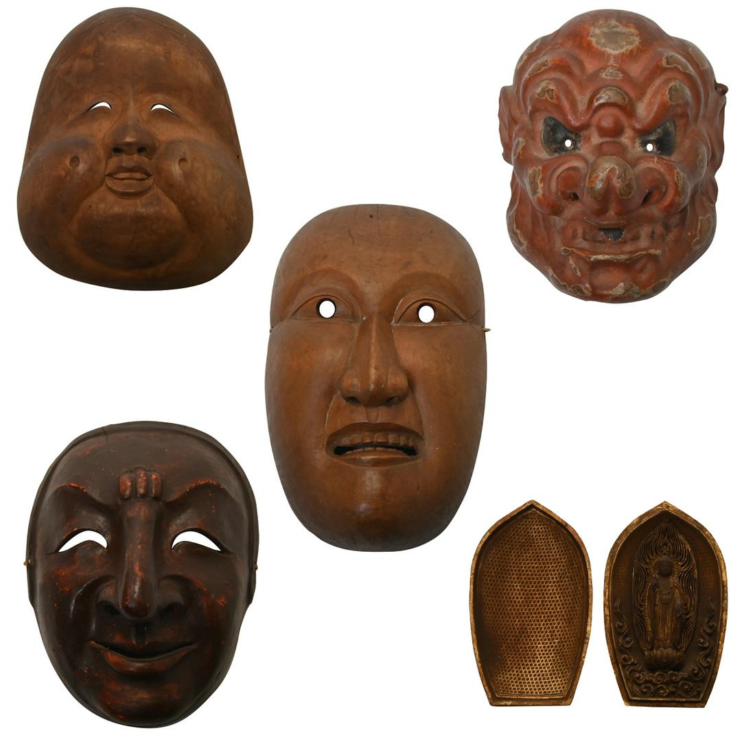 Four Japanese Noh Masks and a Buddhist Shrine. (1 of 8)