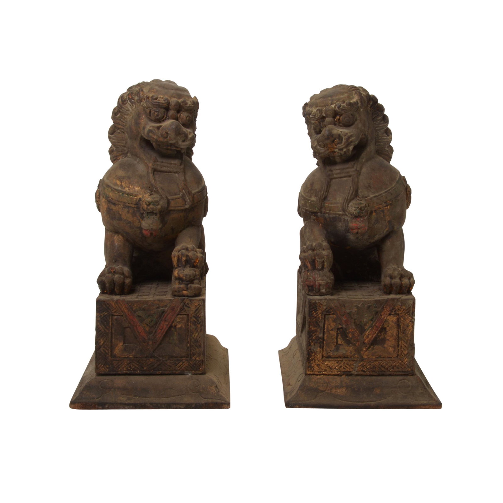 Pair of Chinese Gilt and Carved Foo Dogs.: Pair of Chinese Gilt and Carved Foo Dogs. Each resting on a rectangular base, the face with bulging eyes and bulbous nose above a wide half-open mouth, with traces of gilt. {Height: 14 3/4 inches (37.