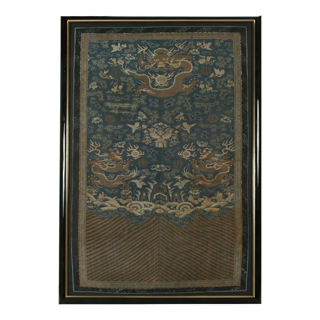 Large Framed Blue-Ground Kesi Dragon Panel. (1 of 2)