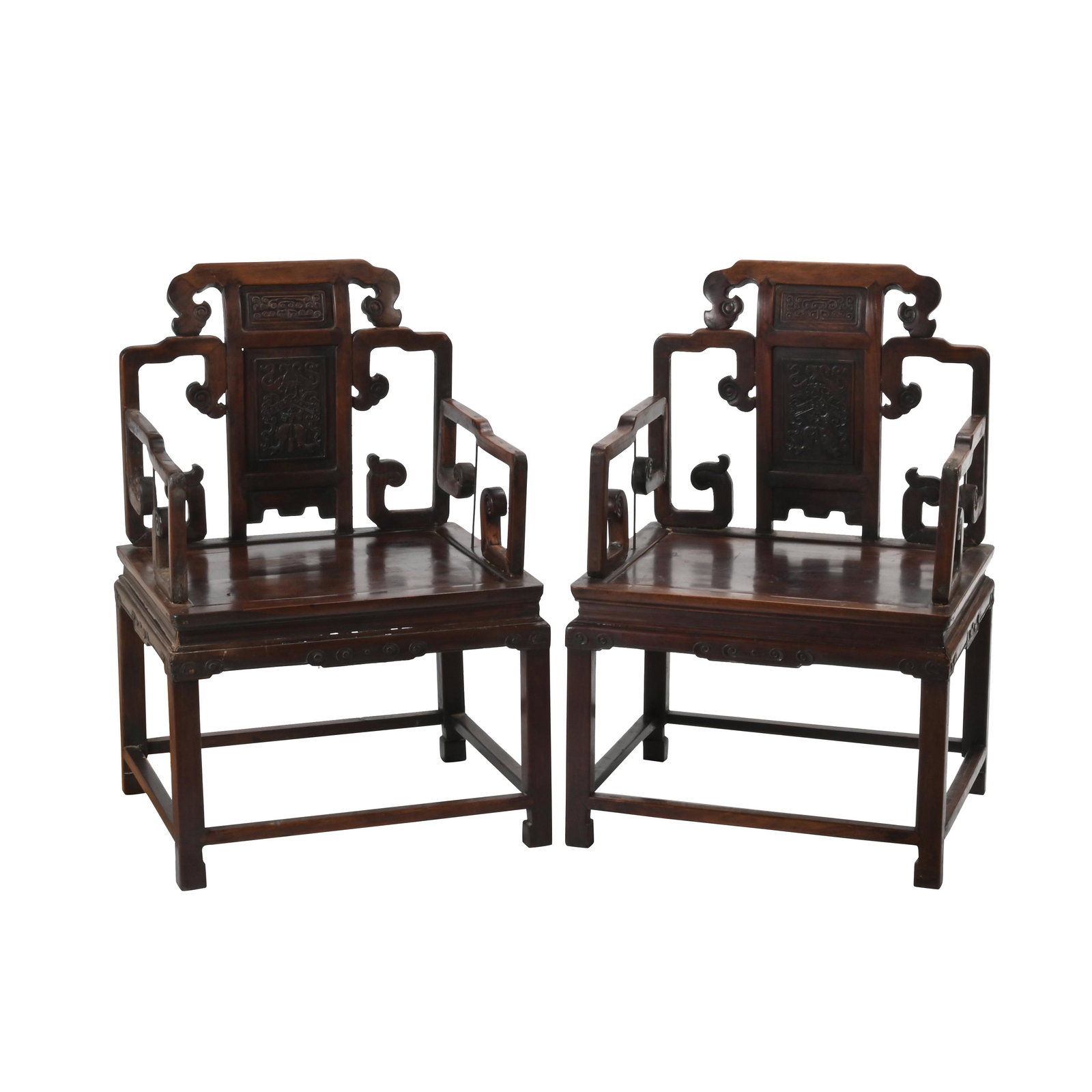 Pair of Rosewood Armchairs.: Pair of Rosewood Armchairs. Each with a rectangular tripartite splat carved in relief with a ruyi design above a hovering bat and double fish, the scrolling arms supported by metal stiles, the legs of