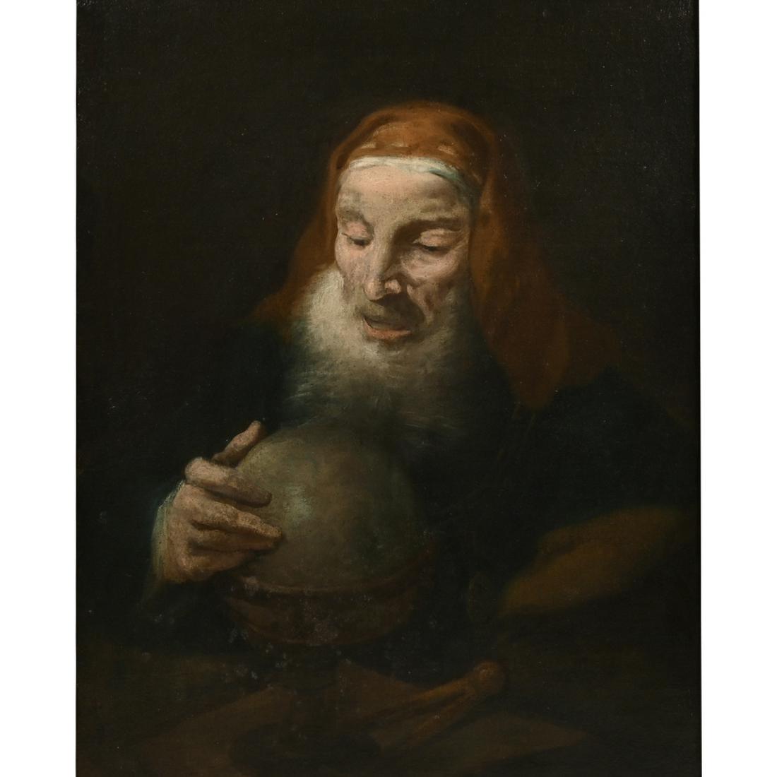 Giuseppe Nogari "Geographer" oil on canvas: GIUSEPPE NOGARI (Italian 1699-1763) 'Geographer', oil on canvas, 27.25 x 21.25 inches; overall with frame: 33.25 x 27 inches, unsigned illegible stamp verso upper left of the canvas,