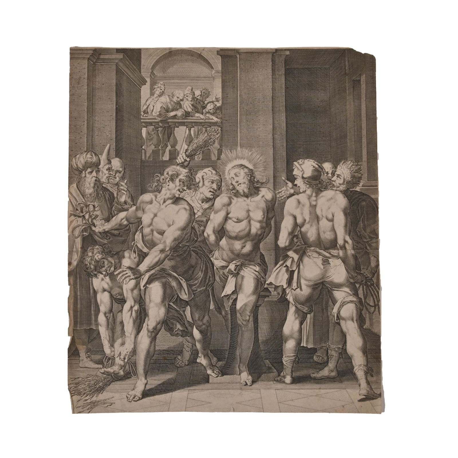 AEGIDIUS SADELER II, Flagellation of Christ, 1593: AEGIDIUS SADELER II(Flemish, b. circa 1570–1629) Flagellation of Christ; christ tied to a pillar at centre, the floggers on either side, and figures watching from a balcony in the background, 1593,