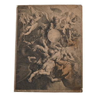 Lucas Vorsterman the Elder, "The Archangel Michael: LUCAS VORSTERMAN THE ELDER, (AFTER PETER PAUL RUBENS) (Flemish, 1595–1675) "The Archangel Michael Fighting the Rebel Angels," 1621 engraving, image: 21.5 x 16.5 inches, sheet: 22.25 x 17.25 inches C