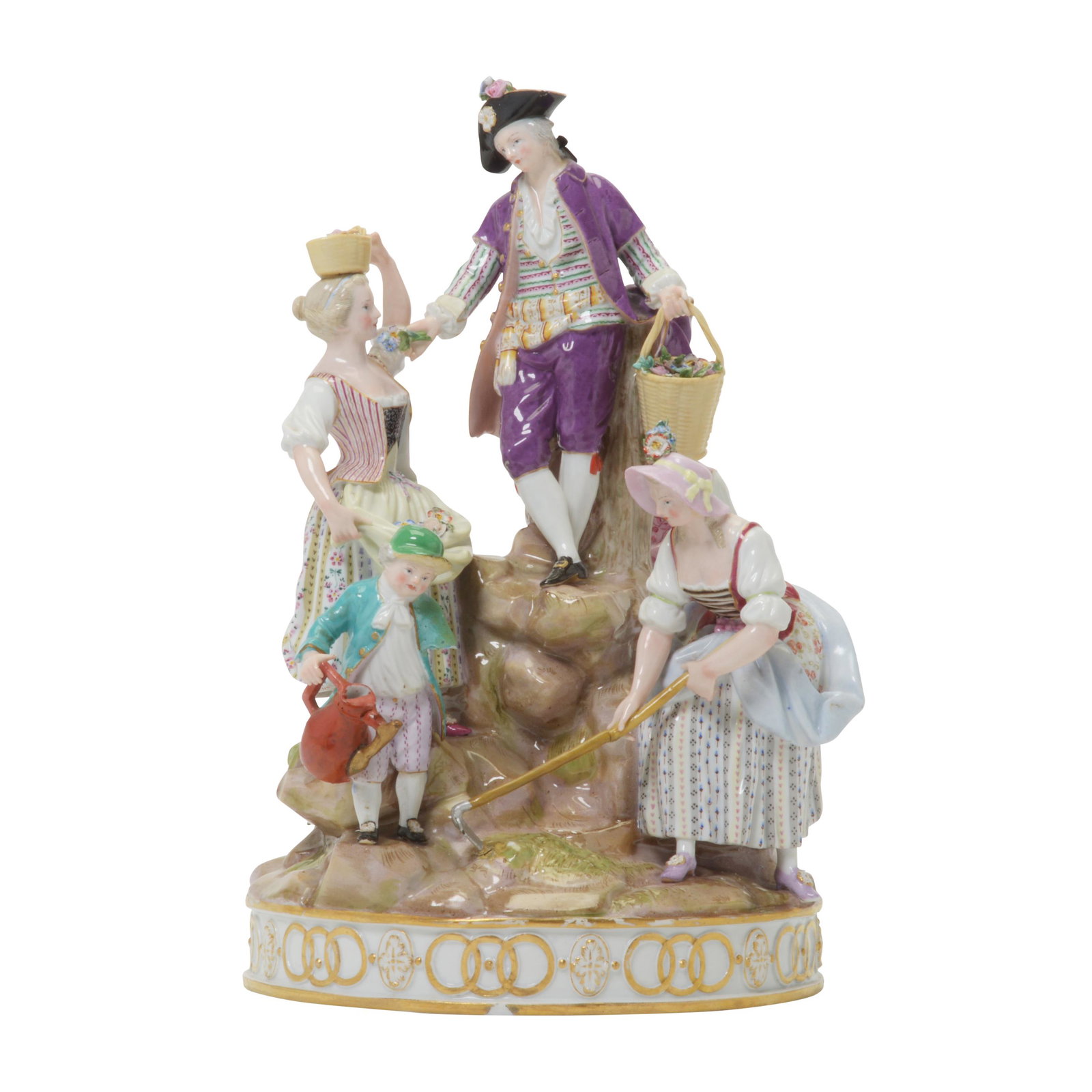 Meissen Porcelain Gardening Figural Group: Meissen Porcelain Gardening Figural Group. Figures dressed in Rococo style, actively watering, shoveling, spading, and picking flowers; painted in polychrome enamels with gold and platinum highlights.