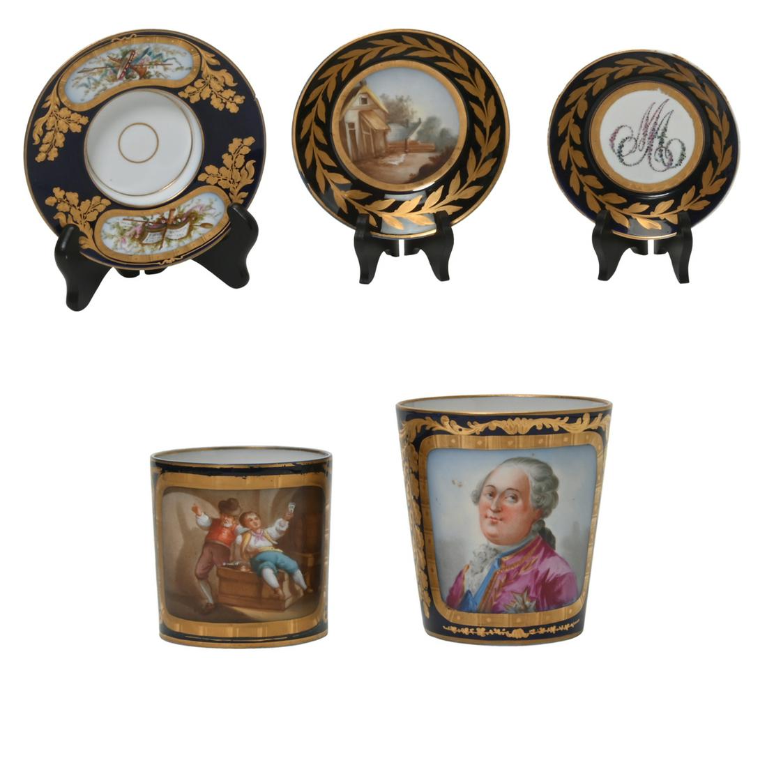 Five Mazarin Bleu Ground Sevres and Sevres Style Cups (1 of 4)