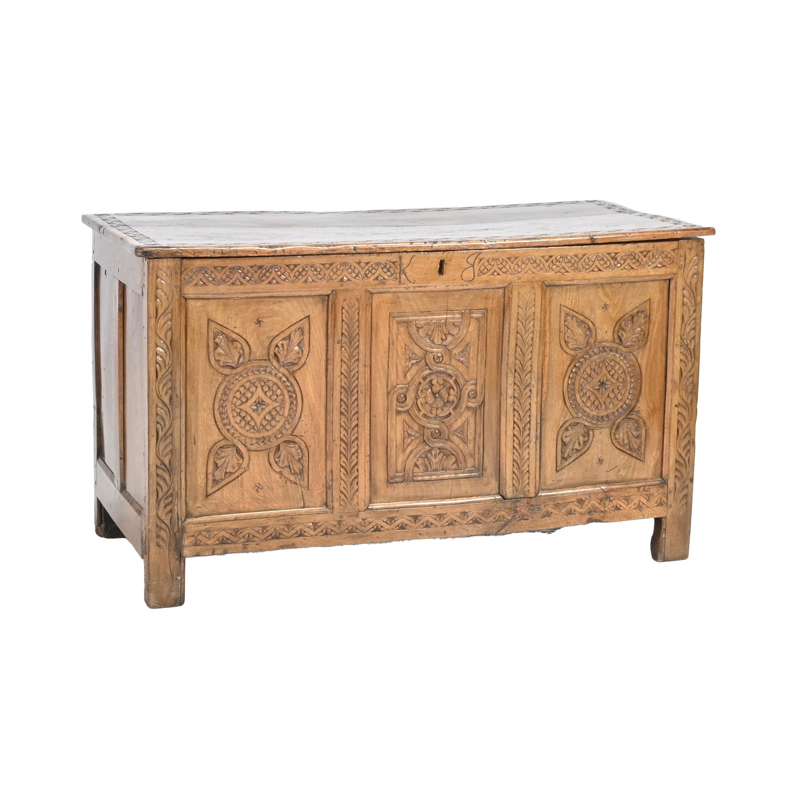 English Provincial Carved Elm Coffer Chest (1 of 3)