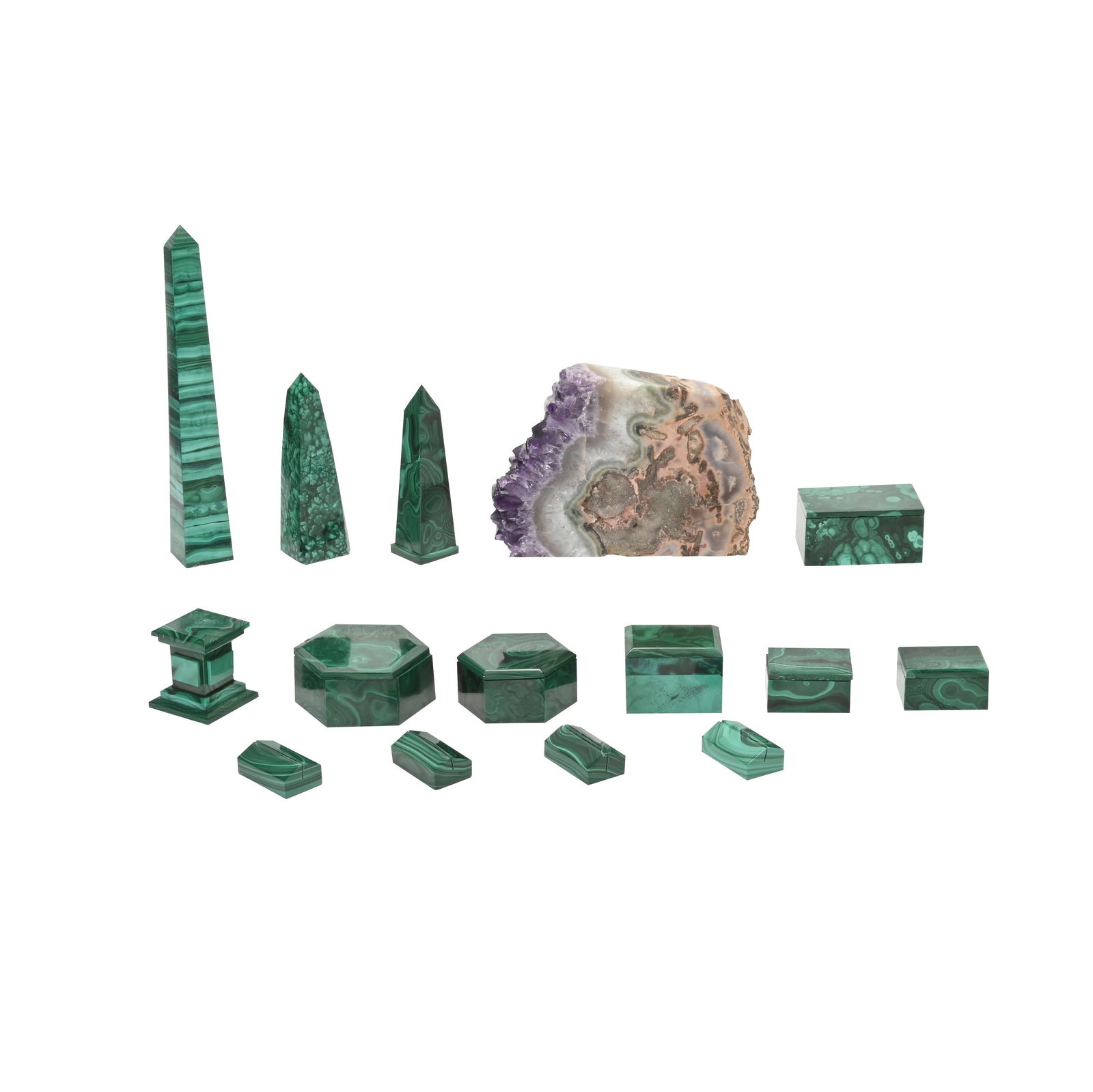 Collection of Malachite Decorative Articles with Geode. (1 of 6)