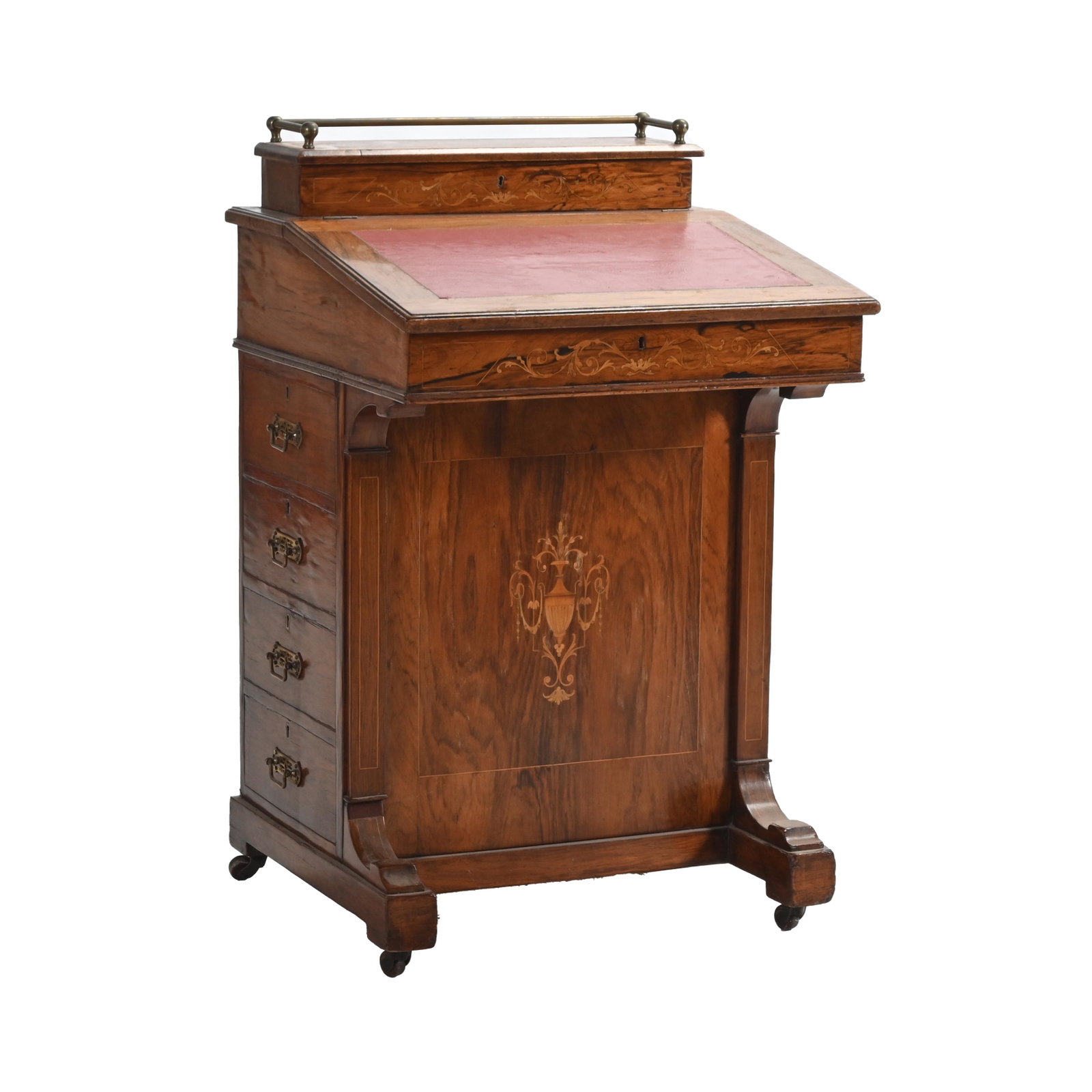 Victorian Rosewood Davenport Desk.: Victorian Rosewood Davenport Desk. Faux red leather inset top; the lid opens to reveal a birdseye maple veneer interior with two drawers; four drawers to one side of the body with four false drawers o