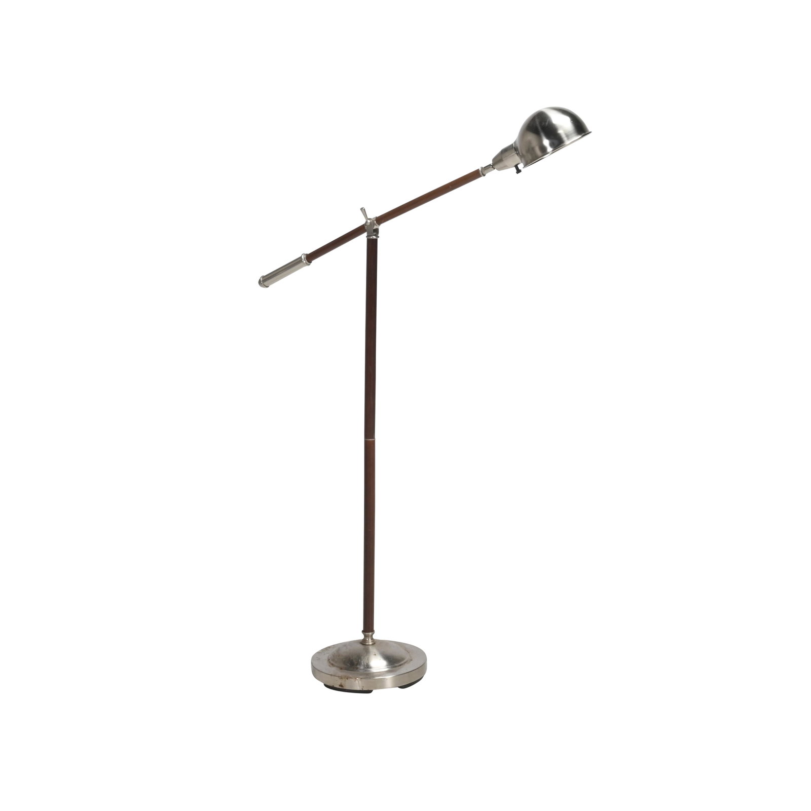 Cantilevered Wood and Metal Floor Lamp.: Cantilevered Wood and Metal Floor Lamp. Wood stem and arm, with metal mounts and base. {Approximate dimensions at highest configuration: 47 high x 325 1/2 inches long.}. Condition: Wear to the metal b
