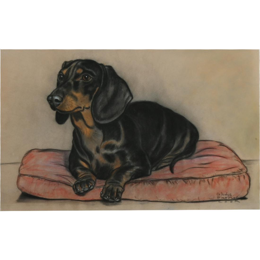 Gladys Emerson Cook "Schnatzie" pastel: GLADYS EMERSON COOK (American, 1899 - 1976) "Schnatzie" pastel, sight: 12.5 x 19 inches; overall with frame: 27 x 32.5 inches, signed lower right: 'Gladys Emerson Cook'. Artist Guild NYC label verso.