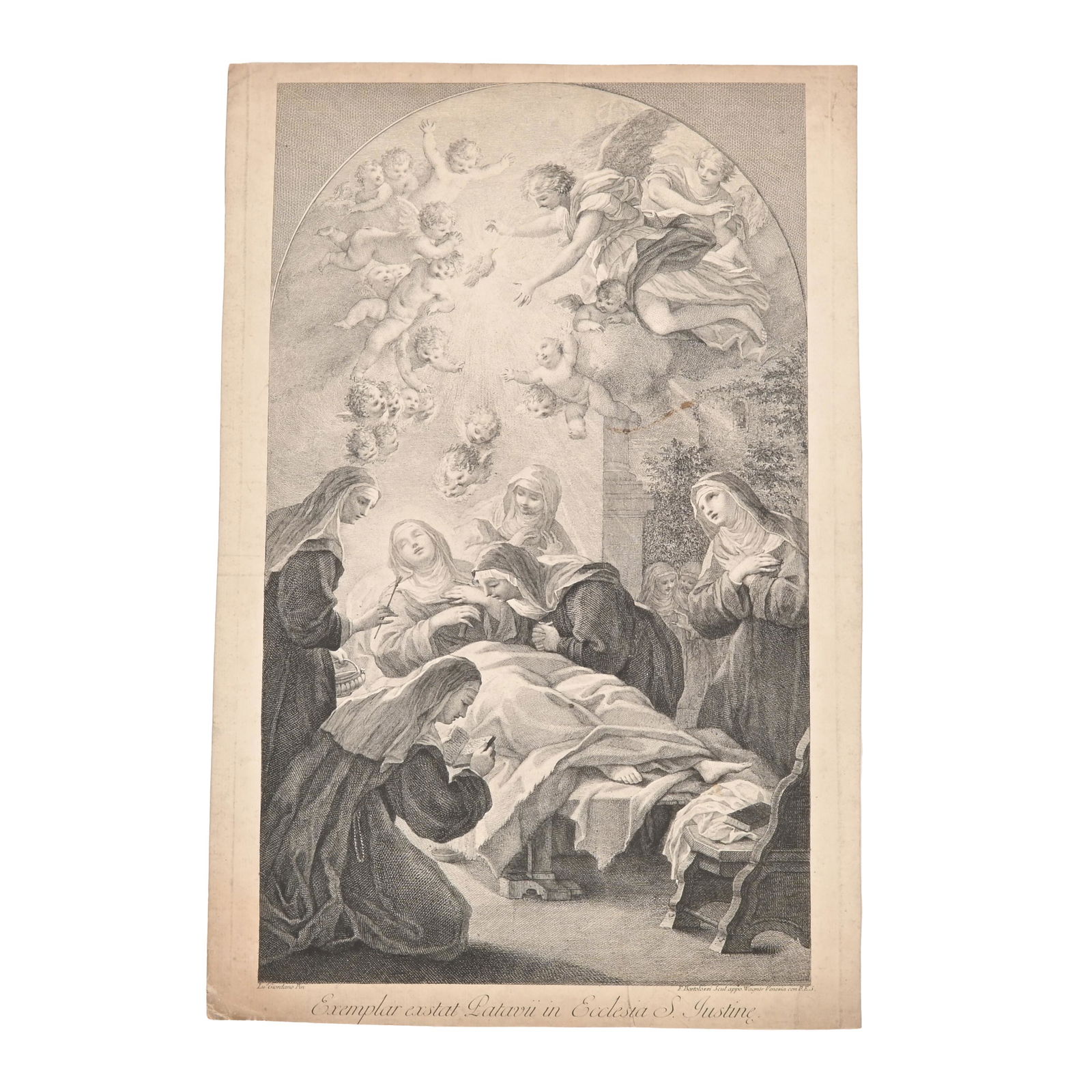 Francesco Bartolozzi after Giordano "The Death of Saint: FRANCESCO BARTOLOZZI after LUCA GIORDANO (Italian 1728-1815) (Italian 1634-1705) "The Death of Saint Scholastica" engraving (later impression) sheet: 22 x 14.75 inches, Inscribed: "Lettered below the