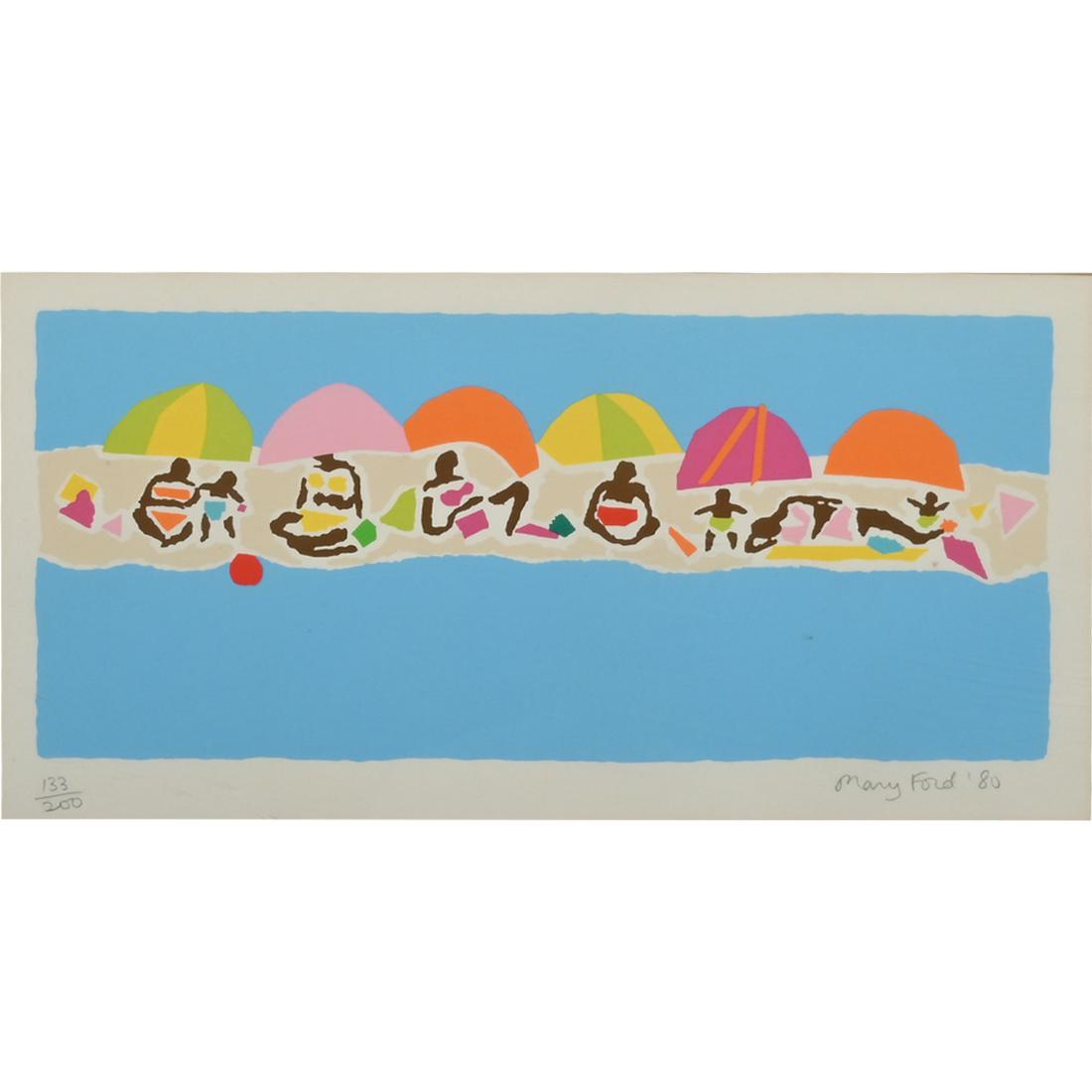 Mary Ford "Beach" silkscreen: MARY FORD (British b. 1946) 'Beach goers', 1980 silkscreen, sight: 10 x 19 inches; overall with frame: 20 x 27.75 inches, signed and dated lower right: 'Mary Ford '80' numbered lower left: 133/200.