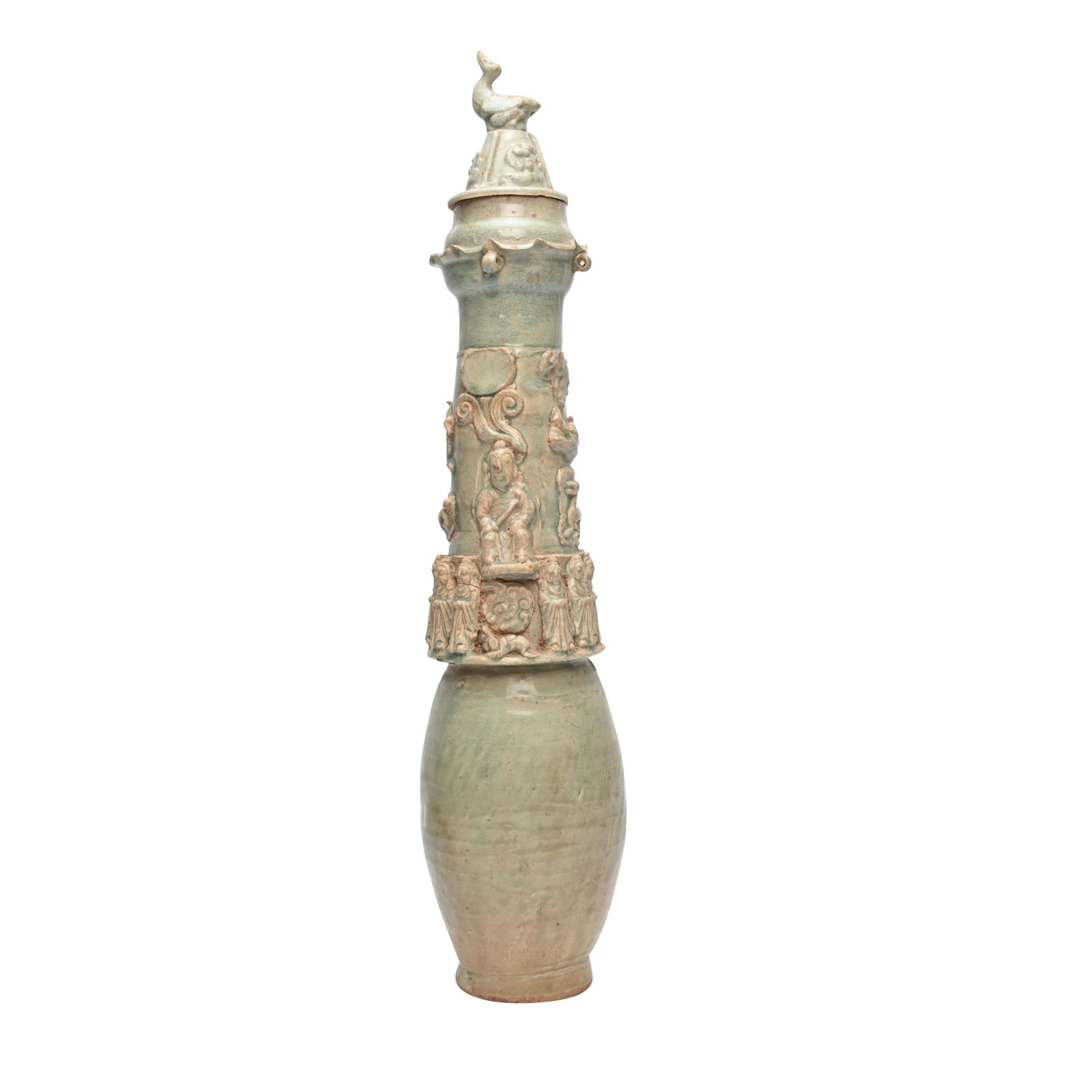 Han Dynasty Celadon Glazed Funerary Vase.: A Han Dynasty Celadon Glazed Funerary Lidded Vase. Molded with a row of Buddhist disciples beneath a commander and mythical animals, the bulbous mouth encircled with a raised undulating band and fitte