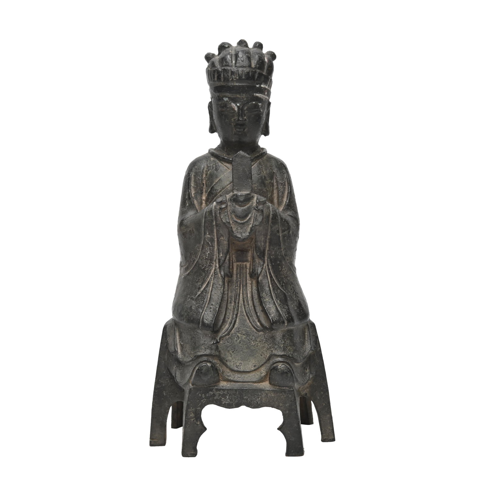 Ming Dynasty Cast Bronze Figure of an Official: A Ming Dynasty Cast Bronze Figure of an Official. Modeled seated on a throne, the hands raised holding a tablet at the chest, clad in long layered attire, the downcast face bearing a serene expression