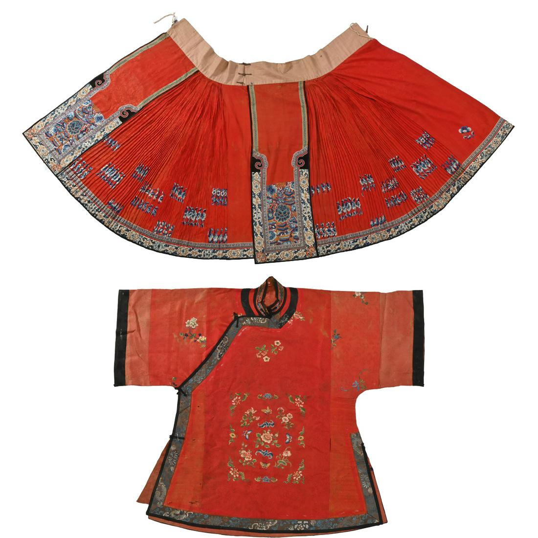 Chinese Red-Ground Robe and Skirt.: Chinese Embroidered Red-Ground Robe and Pleated Skirt. The robe embroidered in satin stitch with various flowers, bats and butterflies on a red silk ground; the skirt decorated in couched gilt thread 