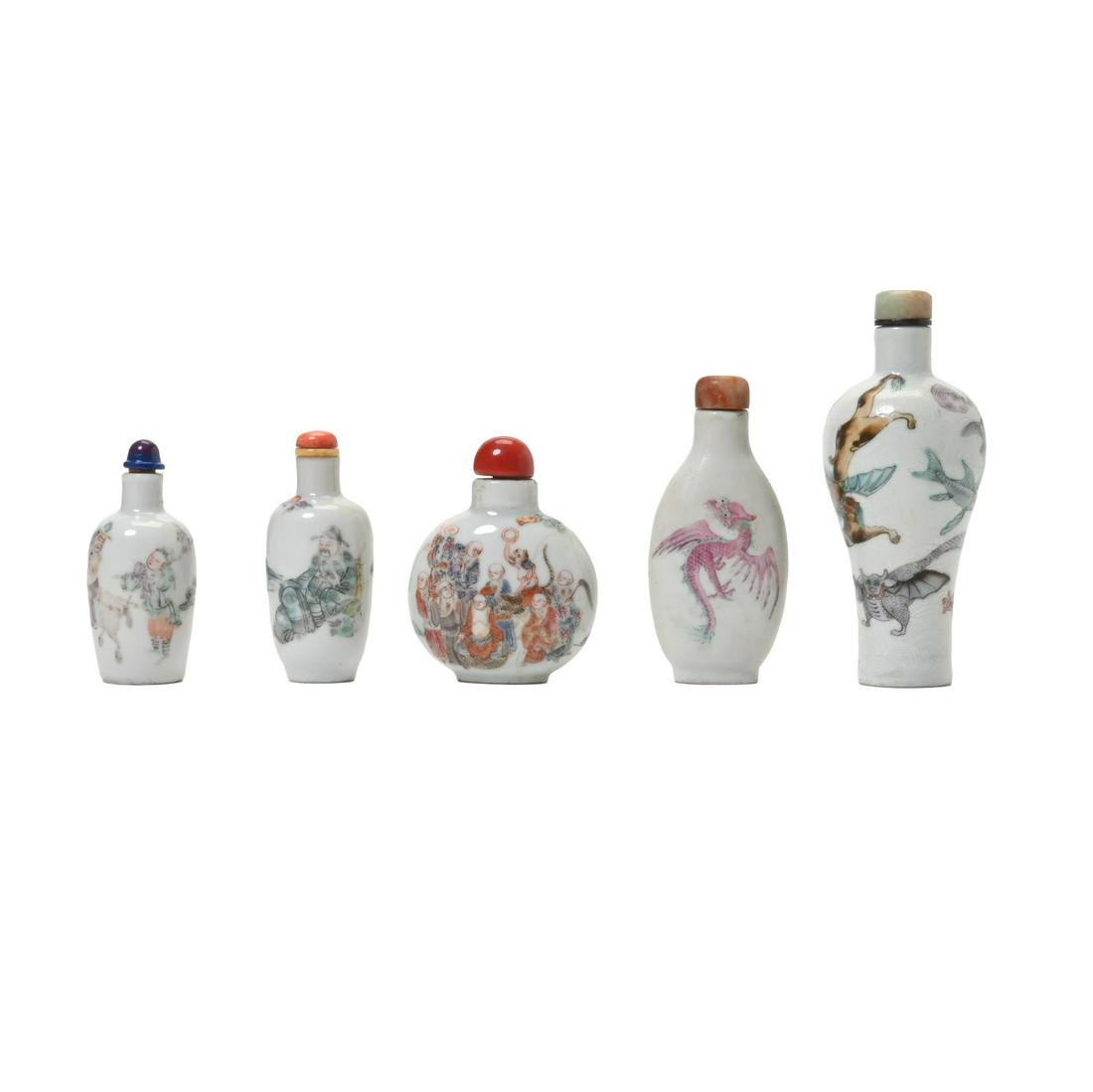 Five Chinese Famille Rose Porcelain Snuff Bottles. (1 of 6)