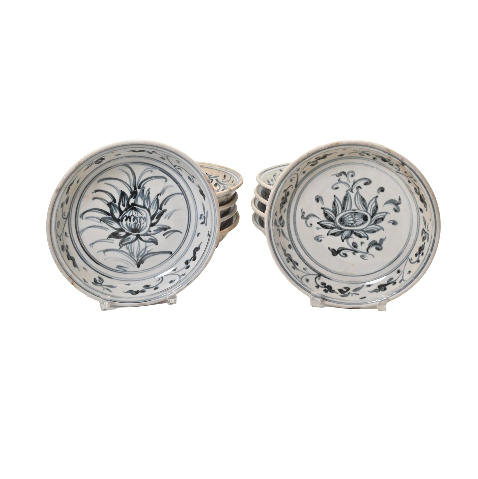 Ten Hoi An Hoard Blue and White Low Bowls.: Ten Hoi An Hoard Vietnamese Blue and White Low Bowls, Late 15th or Early 16th Century. Each with rounded sides flaring toward an everted rim, the interior with a central lotus bloom within a foliate f