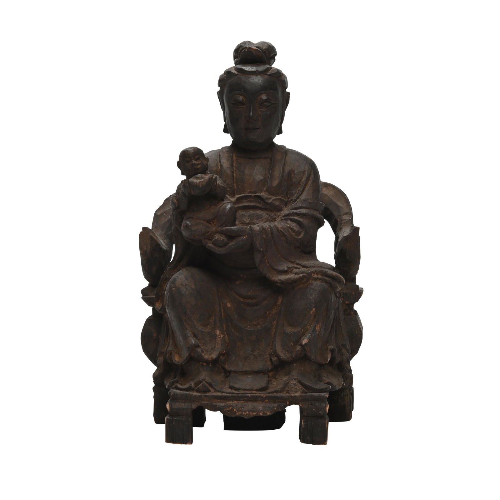 Chinese Carved Wood Figure Holding Child. (1 of 4)