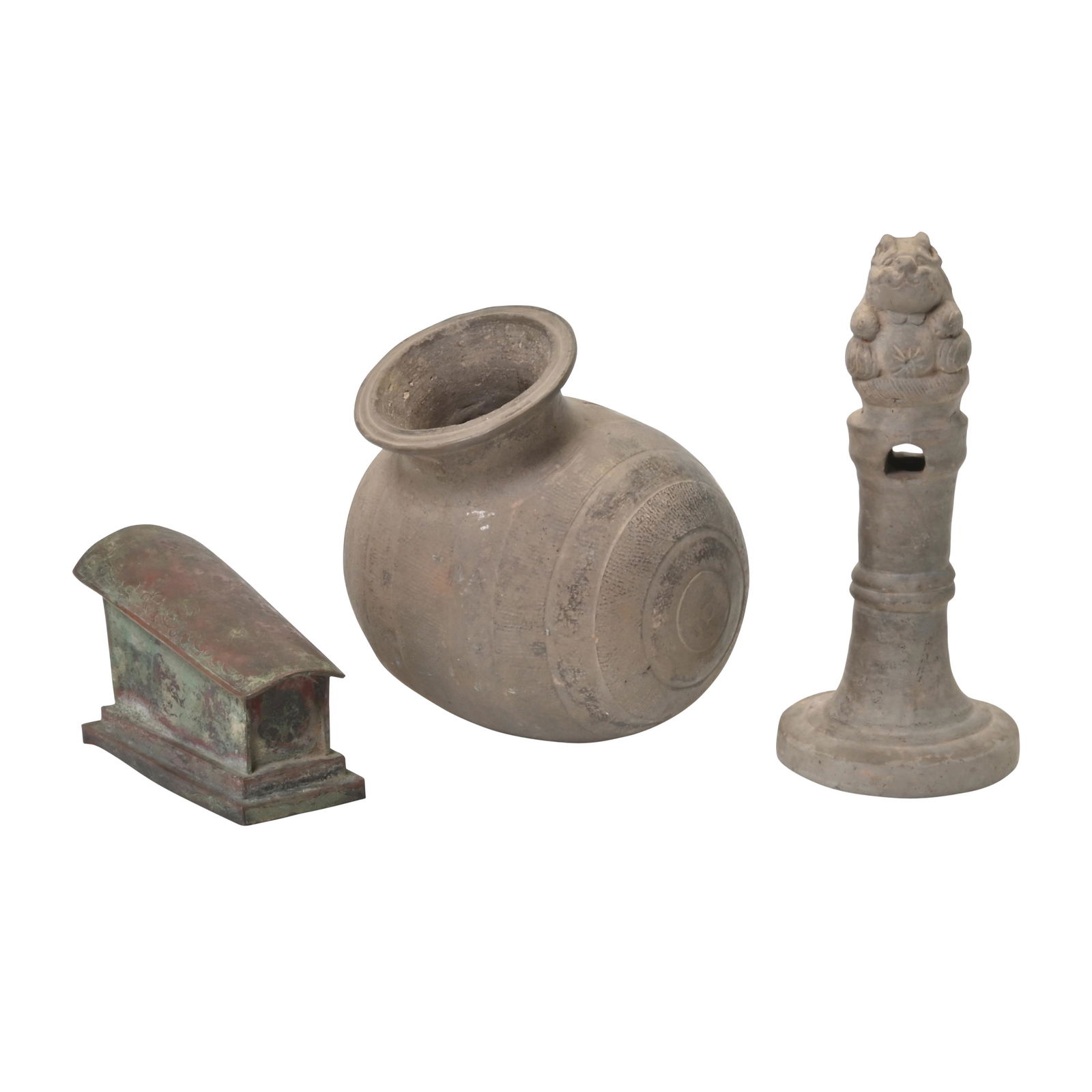 Chinese Copper Box and Two Pottery Items. (1 of 4)
