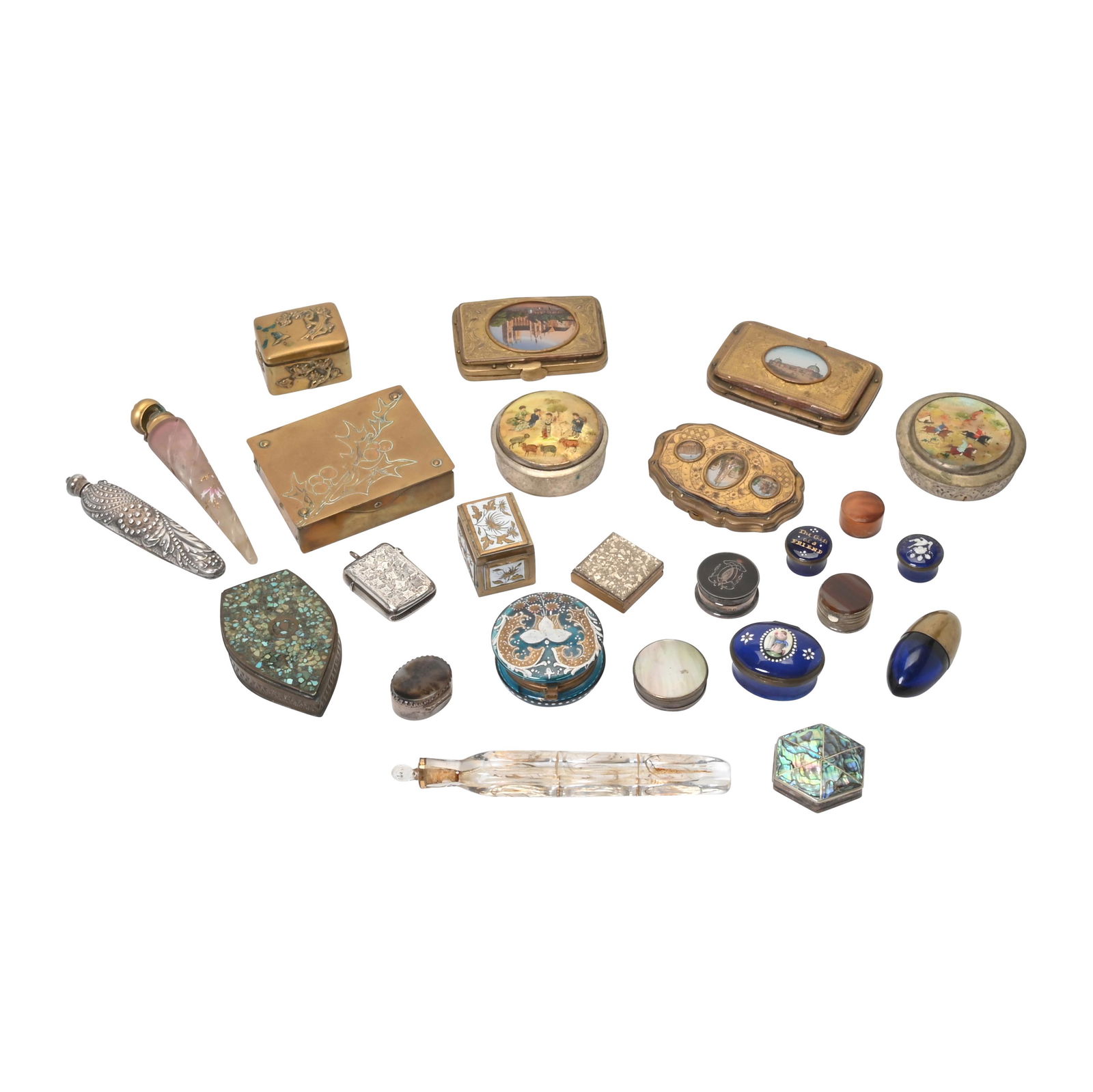 25 Decorative Boxes, Scent Bottles, and Desk Items.: 25 Decorative Boxes, Scent Bottles, and Desk Items. Including tan English sterling vesta container; Wavecrest type scent bottle; English enamel boxes; German, Chinese and Japanese brass boxes; Holitsc