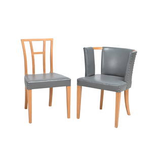 Eliel Saarinen Six Piece Dining Chair Suite.: Eliel Saarinen Attributed Six Piece Dining Chair Suite. Comprising two barrel back armchairs and four side chairs upholstered in gray/pale blue. {Approximate dimensions: Armchairs 29 1/2 high x 23 wid