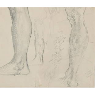 Morgan Russell "Study of Two Legs" pencil on paper: MORGAN RUSSELL (American / French 1886-1953) "Study of Two Legs" pencil on paper, sight: 7.5 x 9 inches; overall with frame: 14.5 x 15.75 inches, artist notes throughout sheet, two Salander-O'Reilly G