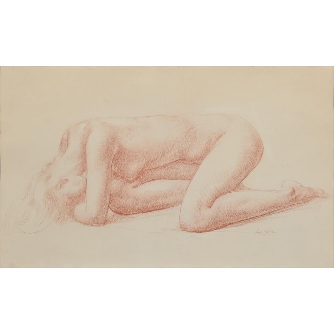 Leon Kroll "Female Nude" sanguine on paper: LEON KROLL (American, 1884Ã±1975), 'Female Nude' sanguine on paper, sight: 12 x 19.5 inches, framed: 22 x 29 inches, signed lower right: 'Leon Kroll'.