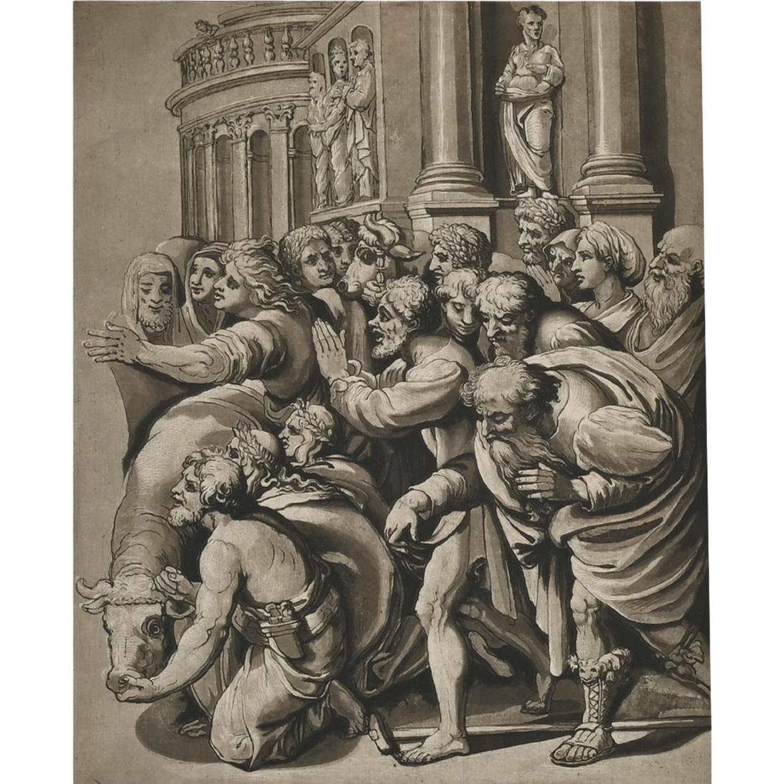 Joahann Prestel after Raphael "The Sacrifice at Lystra": JOHANN GOTTLIEB PRESTEL after RAPHAEL , (German 1739-1808) / (Italian 1483-1520) right panel from "The Sacrifice at Lystra" etching with aquatint, sheet: 17.5 x 12.75 inches; overall with matting: 23.